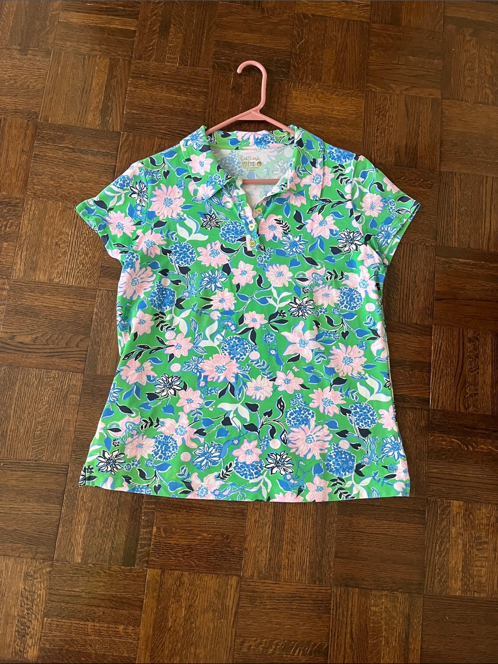 Lilly Pulitzer Green Floral Short Sleeve Polo with Pink & Blue Flowers